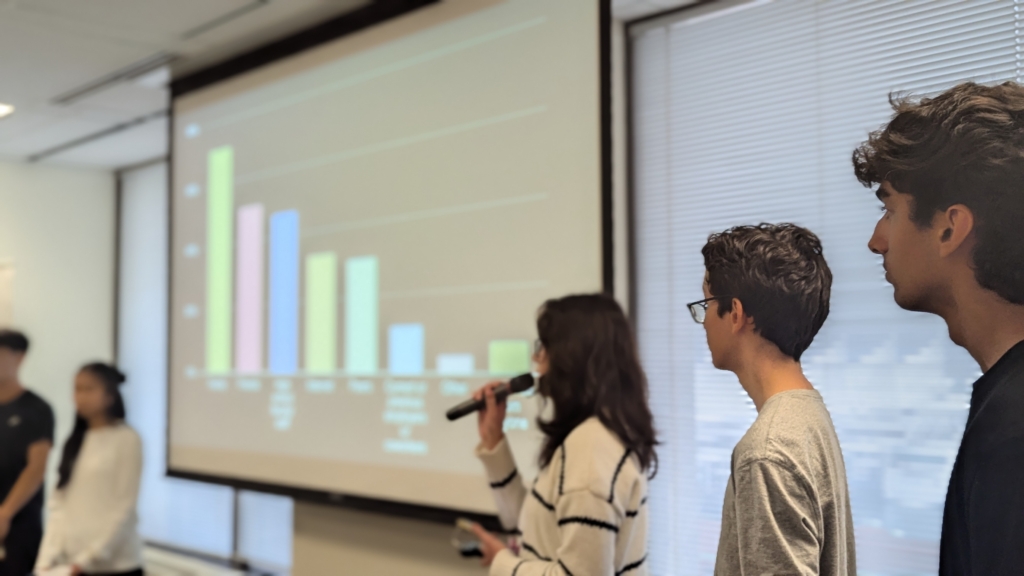 Students presenting data as part of their business pitch at the JA Company Program, with a bar graph displayed on the screen.